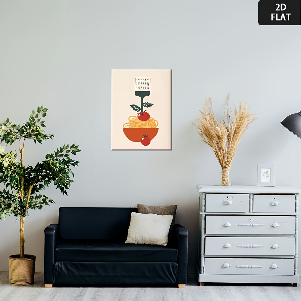 2D Flat, Vintage Italian Pasta & Tomato Sauce Canvas Wall Art Print - Minimalist Spaghetti & Meat Sauce Poster, Waterproof Wrapped Frameless Kitchen Decor for Home, Office, Restaurant - Affordable Italian Food Art Gift for Pasta Lovers