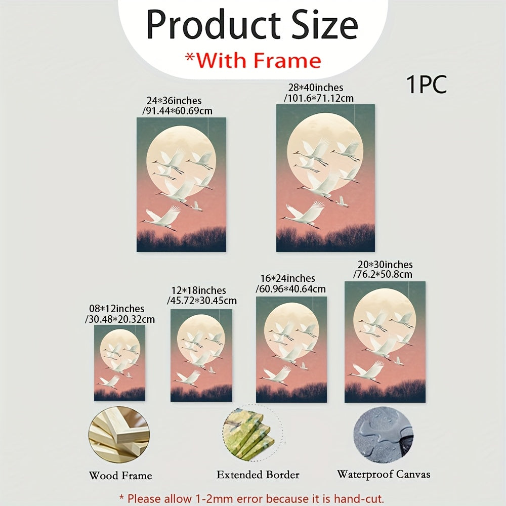 2D Flat, Serene Flying White Cranes Wall Art - Soft Pastel Pink & Blue Sky Canvas Painting, Wrapped Framed Minimalist Japanese-Inspired Decor for Bedroom, Living Room, Office - Elegant Nature-Themed for party Decoration Poster Print