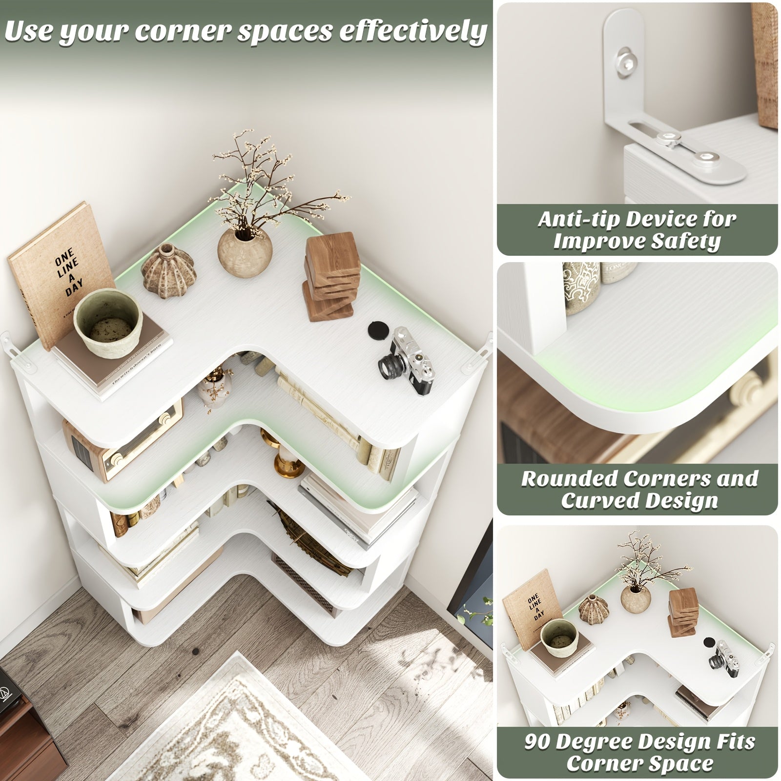 Five-Tier Corner Bookshelf with Panels, a Freestanding L-Shaped Display Rack, Suitable for Home Offices, Living Rooms, Bedrooms, And Kitchens