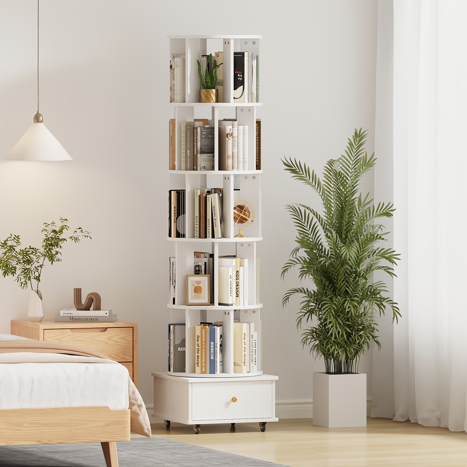 5 Tier Rotating Bookshelf with Drawers On Wheel, 360° Display Spinning Corner Book Shelf Tower, Narrow Tall Bookshelves, Small Revolving Bookcase, Wooden Book Shelf Standing Storage Rack for Home Office, Study Room