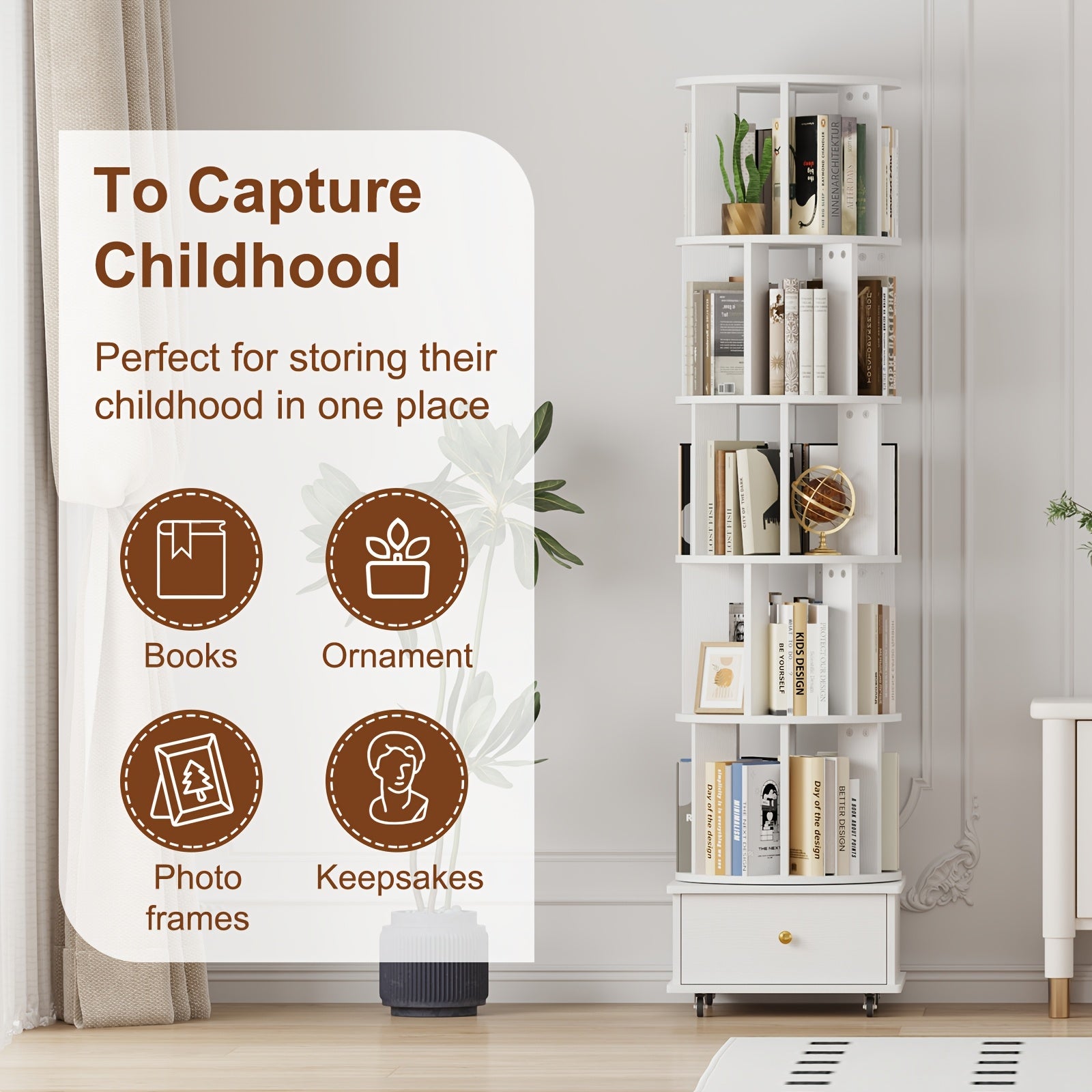 5 Tier Rotating Bookshelf with Drawers On Wheel, 360° Display Spinning Corner Book Shelf Tower, Narrow Tall Bookshelves, Small Revolving Bookcase, Wooden Book Shelf Standing Storage Rack for Home Office, Study Room