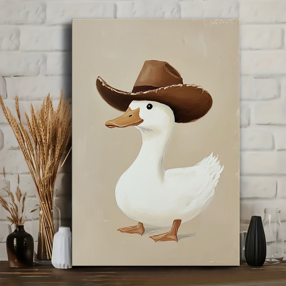 1pc Silly Cowboy Goose Canvas Wall Art - Whimsical Western Animal Print with Pine Wood Frame, Neutral Brown Nursery Decor for Boys Room, Bathroom, Bedroom & Living Room, Western Home Decor