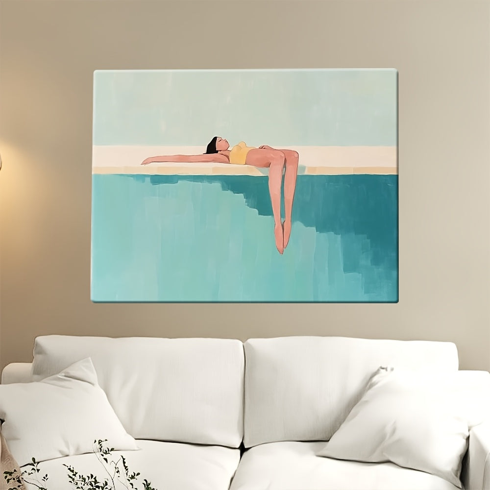 2D Flat 1 Item A Minimalist Painting of a Woman Floating on The Edge of a Pool 1pc Package Canvas Poster Modern Canvas Poster Decoration Poster Modern Room Decor, Home Decor, Bedroom Decor, Interior Decor, Wall Decor Unique Gift Idea Ready to Hang
