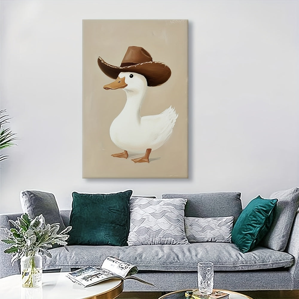 1pc Silly Cowboy Goose Canvas Wall Art - Whimsical Western Animal Print with Pine Wood Frame, Neutral Brown Nursery Decor for Boys Room, Bathroom, Bedroom & Living Room, Western Home Decor