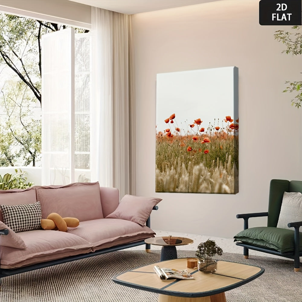 2D Flat, 1pc Framed Canvas Poster - Red Poppies & Golden-Brown Wheat Farmhouse Wall Decor - Ready-to-Hang Painting for Living Room, Bedroom, Office - High-Quality Canvas Print - Housewarming Gift Idea, Canvas Wall Art Ready to Hang, 2D Flat