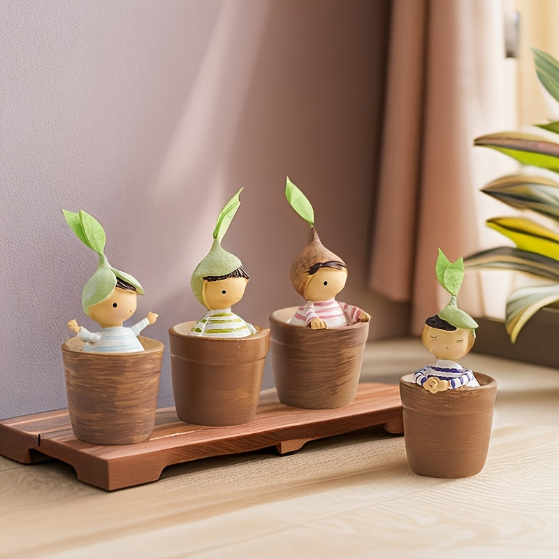 Set of 4 Charming Cartoon Resin Ornaments for Pots, Perfect for Decorating Your Living Room, Bedroom, Or Office Desk; a Delightful Small Gift