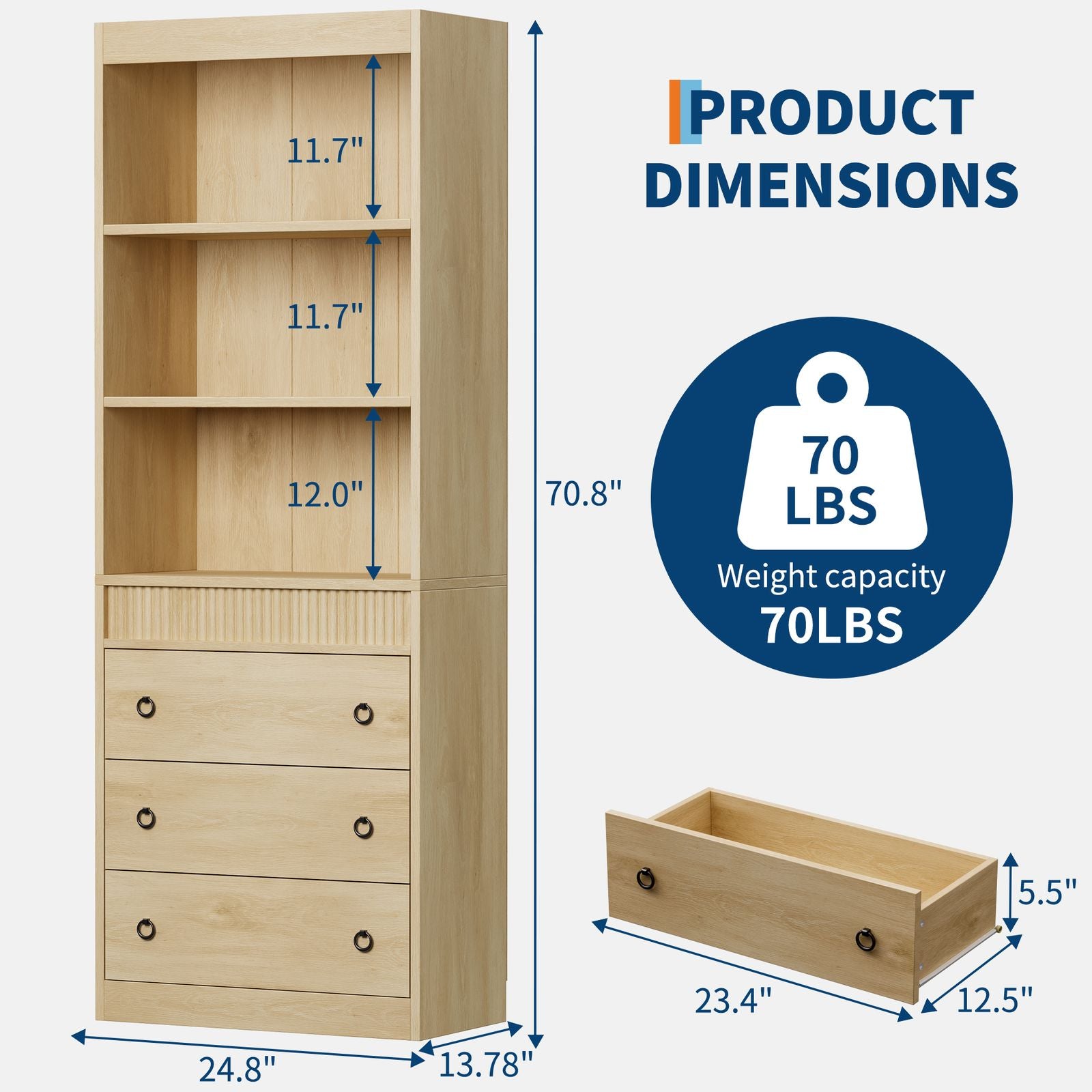Modern 3-Drawer Bookcase with 3-Tier Shelf - Heavy-Duty, Space-Saving Freestanding Book Shelf, Easy Assembly Large Book Storage Organizer for Home Office, Study, for book Lovers & Students (27\