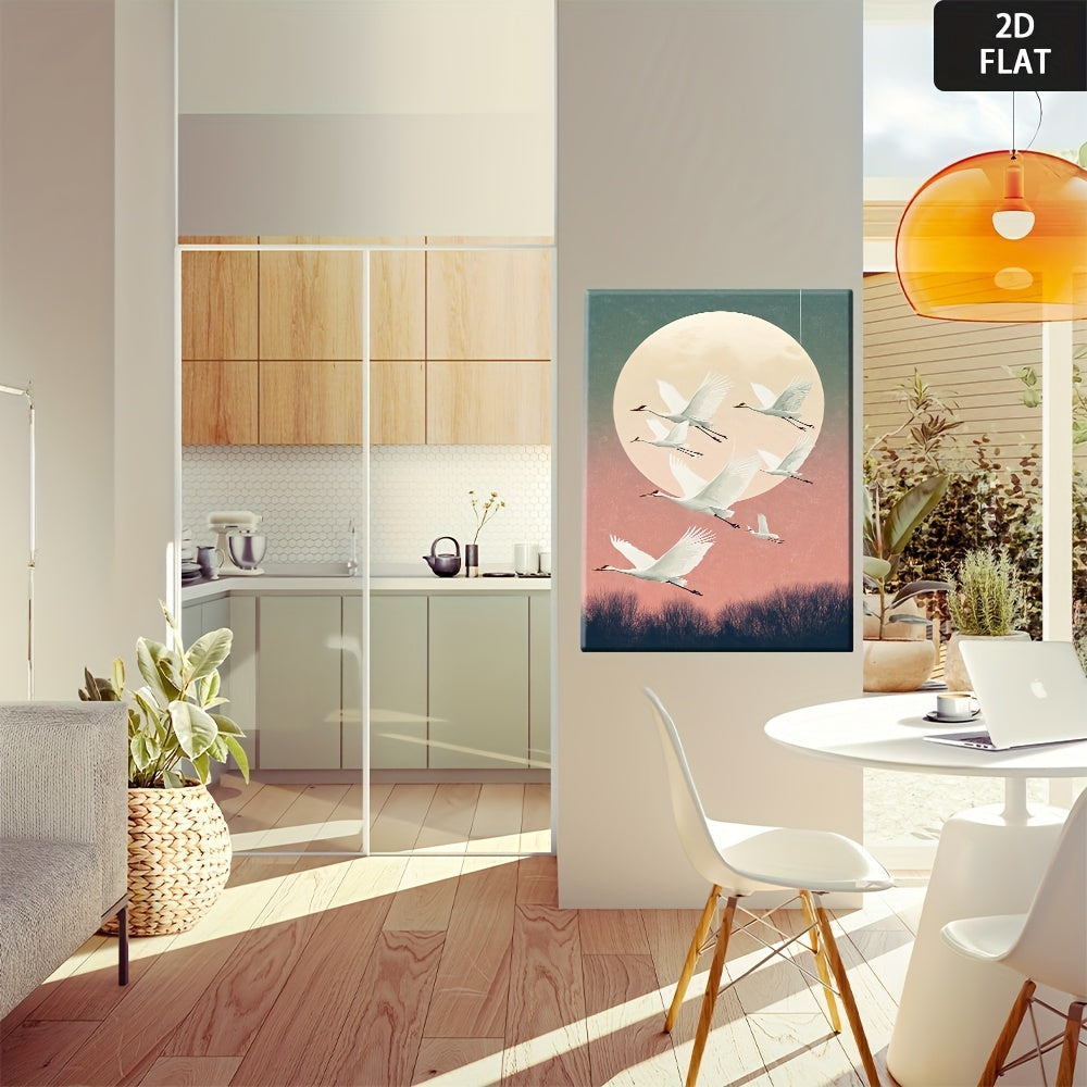 2D Flat, Serene Flying White Cranes Wall Art - Soft Pastel Pink & Blue Sky Canvas Painting, Wrapped Framed Minimalist Japanese-Inspired Decor for Bedroom, Living Room, Office - Elegant Nature-Themed for party Decoration Poster Print