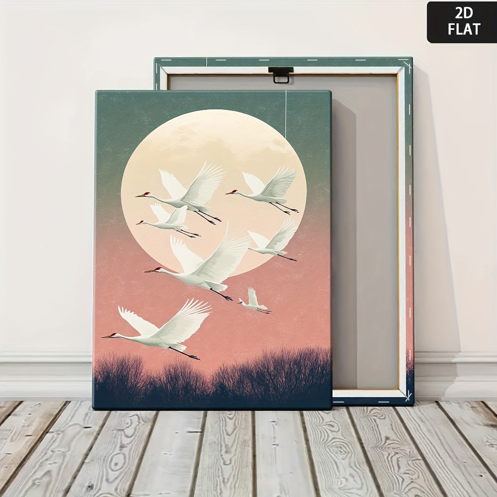 2D Flat, Serene Flying White Cranes Wall Art - Soft Pastel Pink & Blue Sky Canvas Painting, Wrapped Framed Minimalist Japanese-Inspired Decor for Bedroom, Living Room, Office - Elegant Nature-Themed for party Decoration Poster Print