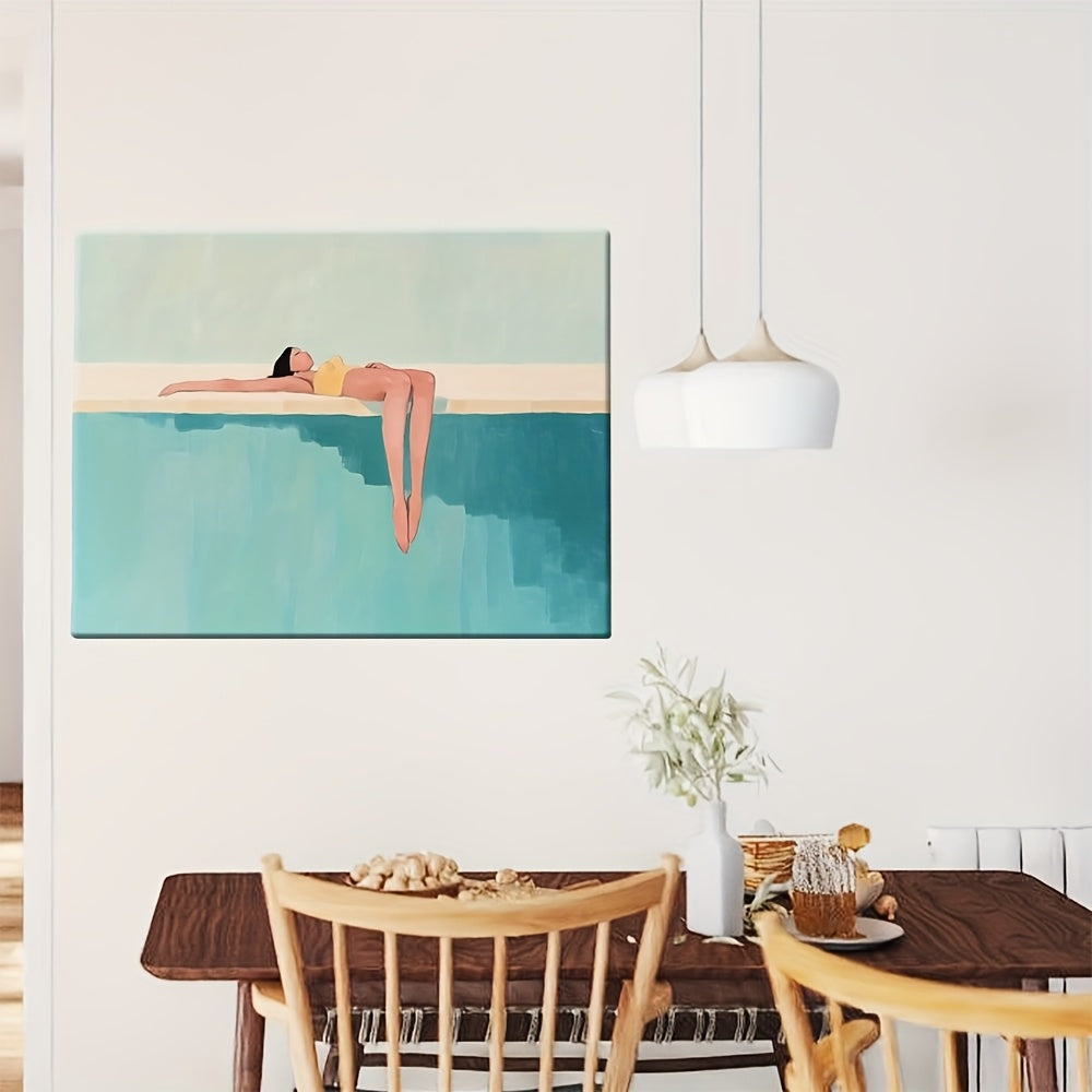 2D Flat 1 Item A Minimalist Painting of a Woman Floating on The Edge of a Pool 1pc Package Canvas Poster Modern Canvas Poster Decoration Poster Modern Room Decor, Home Decor, Bedroom Decor, Interior Decor, Wall Decor Unique Gift Idea Ready to Hang