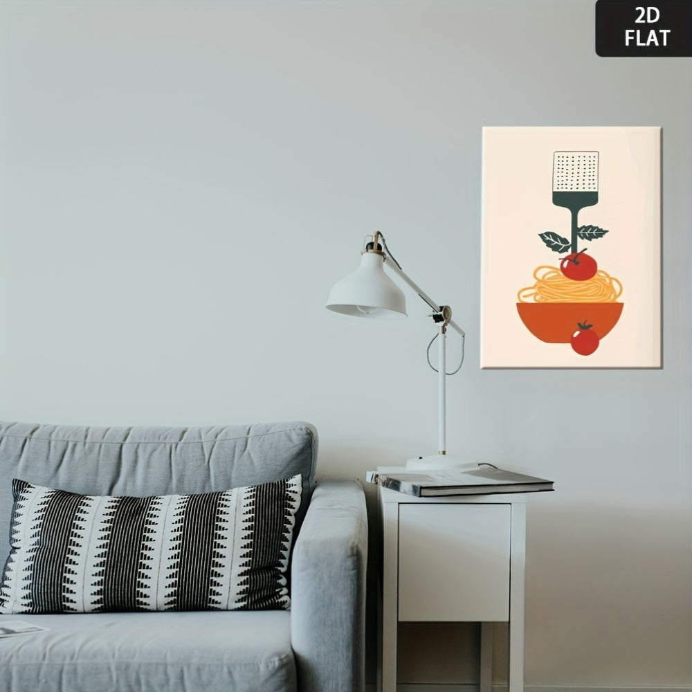 2D Flat, Vintage Italian Pasta & Tomato Sauce Canvas Wall Art Print - Minimalist Spaghetti & Meat Sauce Poster, Waterproof Wrapped Frameless Kitchen Decor for Home, Office, Restaurant - Affordable Italian Food Art Gift for Pasta Lovers