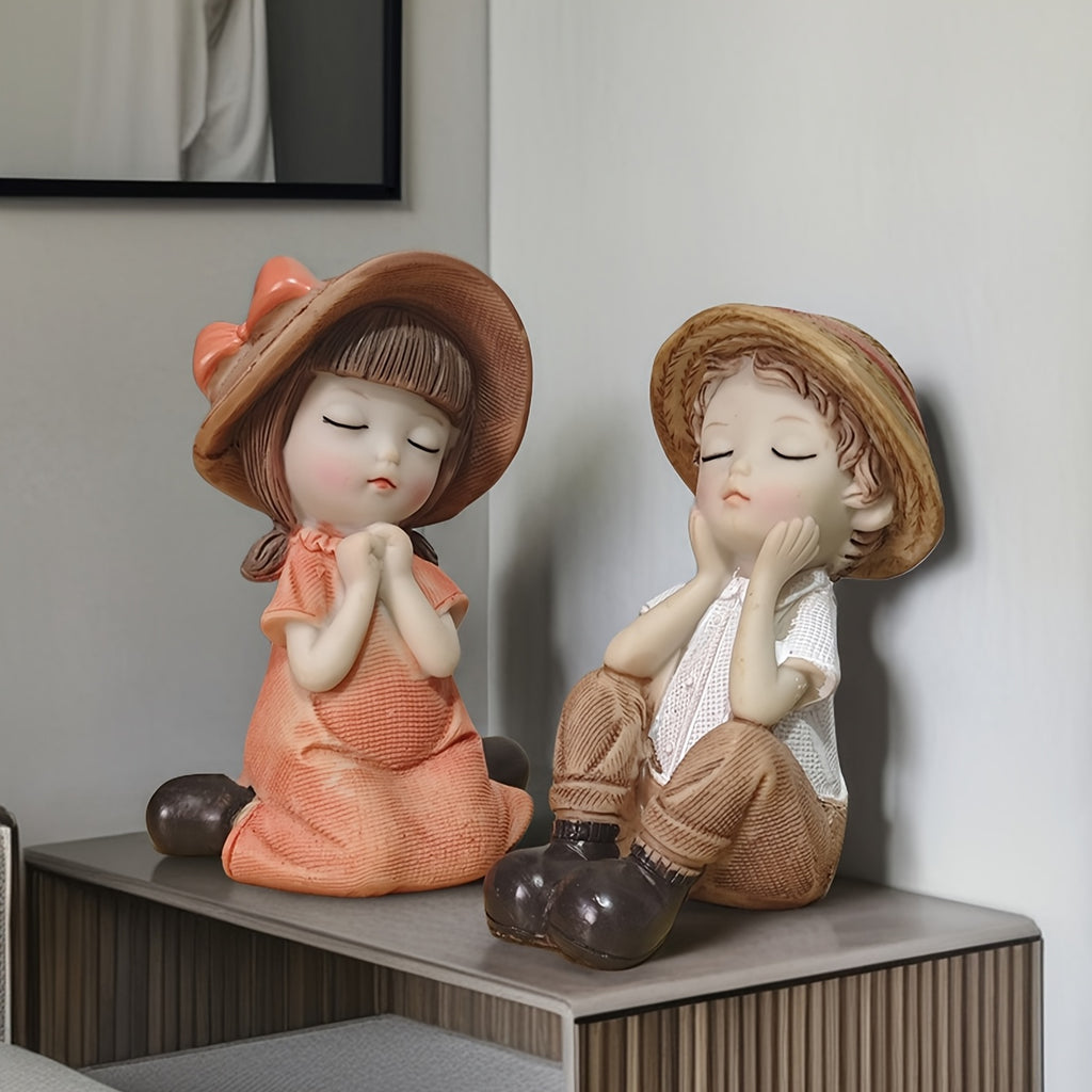 A Set of Two Adorable Mini Decorations Featuring a Boy And a Girl, Including Statues And Doll Sets Made from Resin