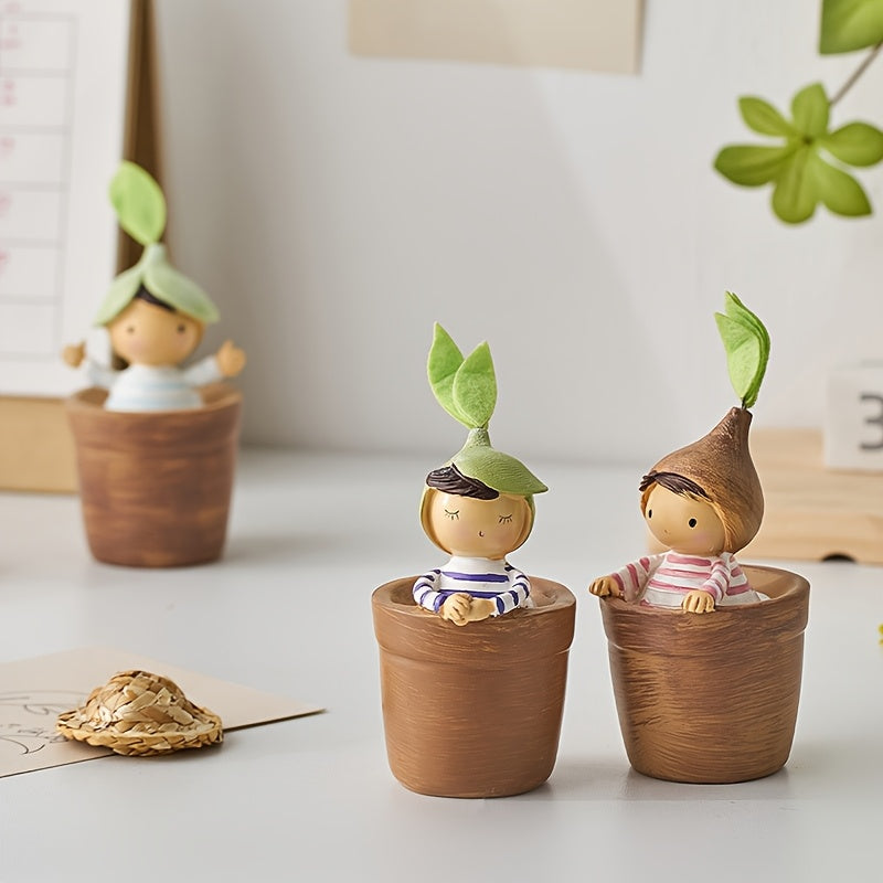 Set of 4 Charming Cartoon Resin Ornaments for Pots, Perfect for Decorating Your Living Room, Bedroom, Or Office Desk; a Delightful Small Gift