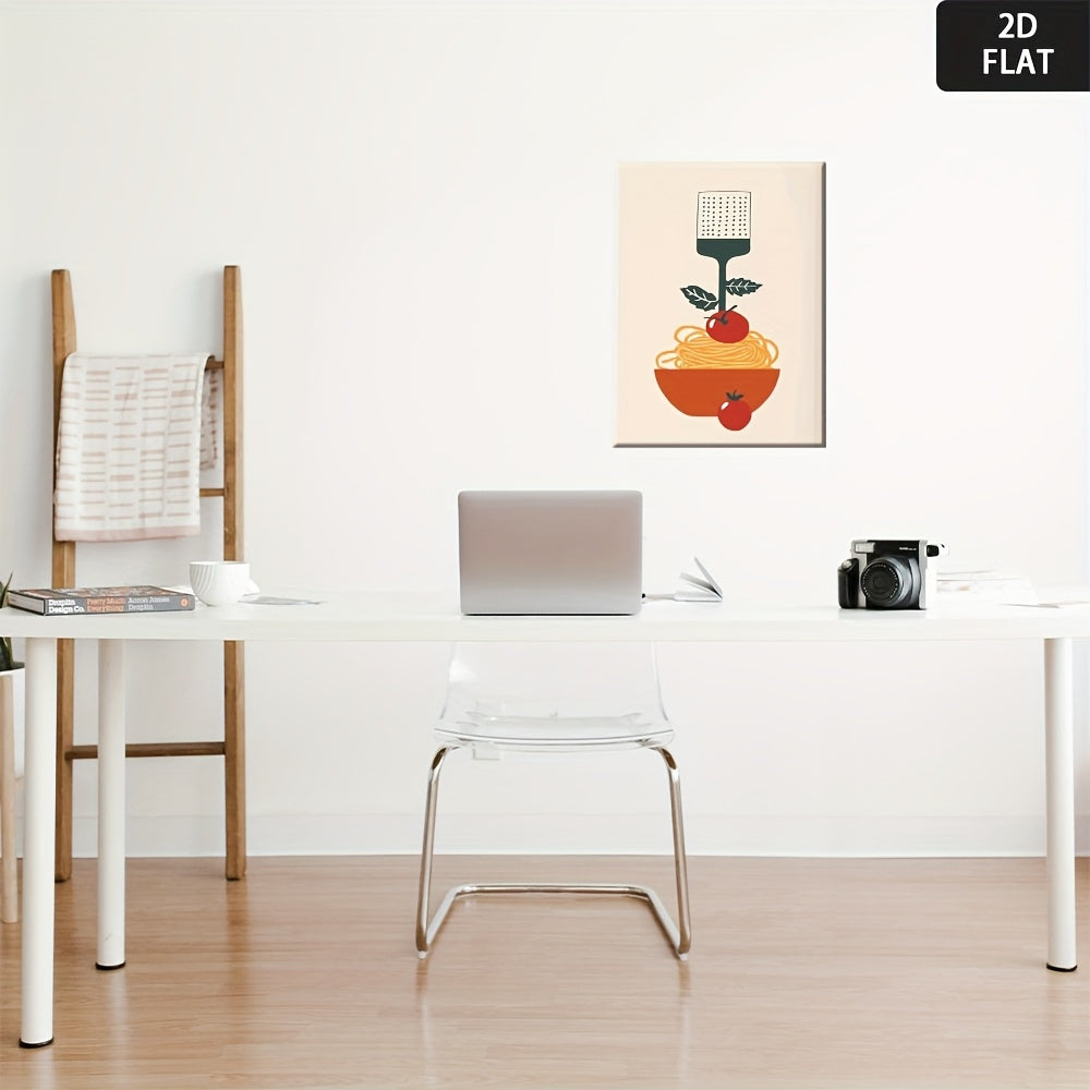 2D Flat, Vintage Italian Pasta & Tomato Sauce Canvas Wall Art Print - Minimalist Spaghetti & Meat Sauce Poster, Waterproof Wrapped Frameless Kitchen Decor for Home, Office, Restaurant - Affordable Italian Food Art Gift for Pasta Lovers