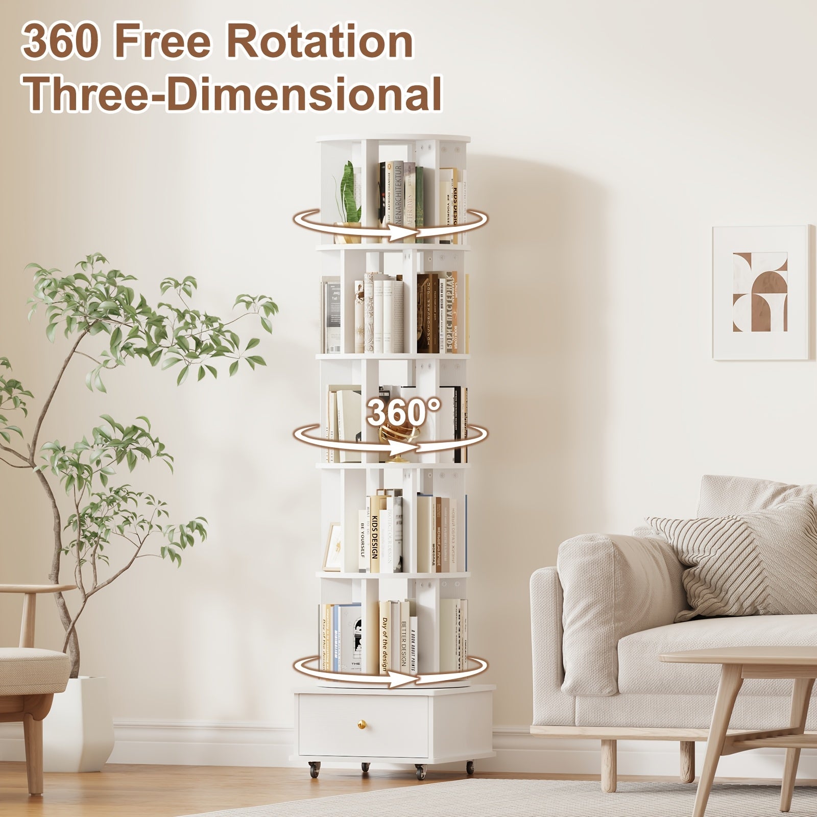 5 Tier Rotating Bookshelf with Drawers On Wheel, 360° Display Spinning Corner Book Shelf Tower, Narrow Tall Bookshelves, Small Revolving Bookcase, Wooden Book Shelf Standing Storage Rack for Home Office, Study Room