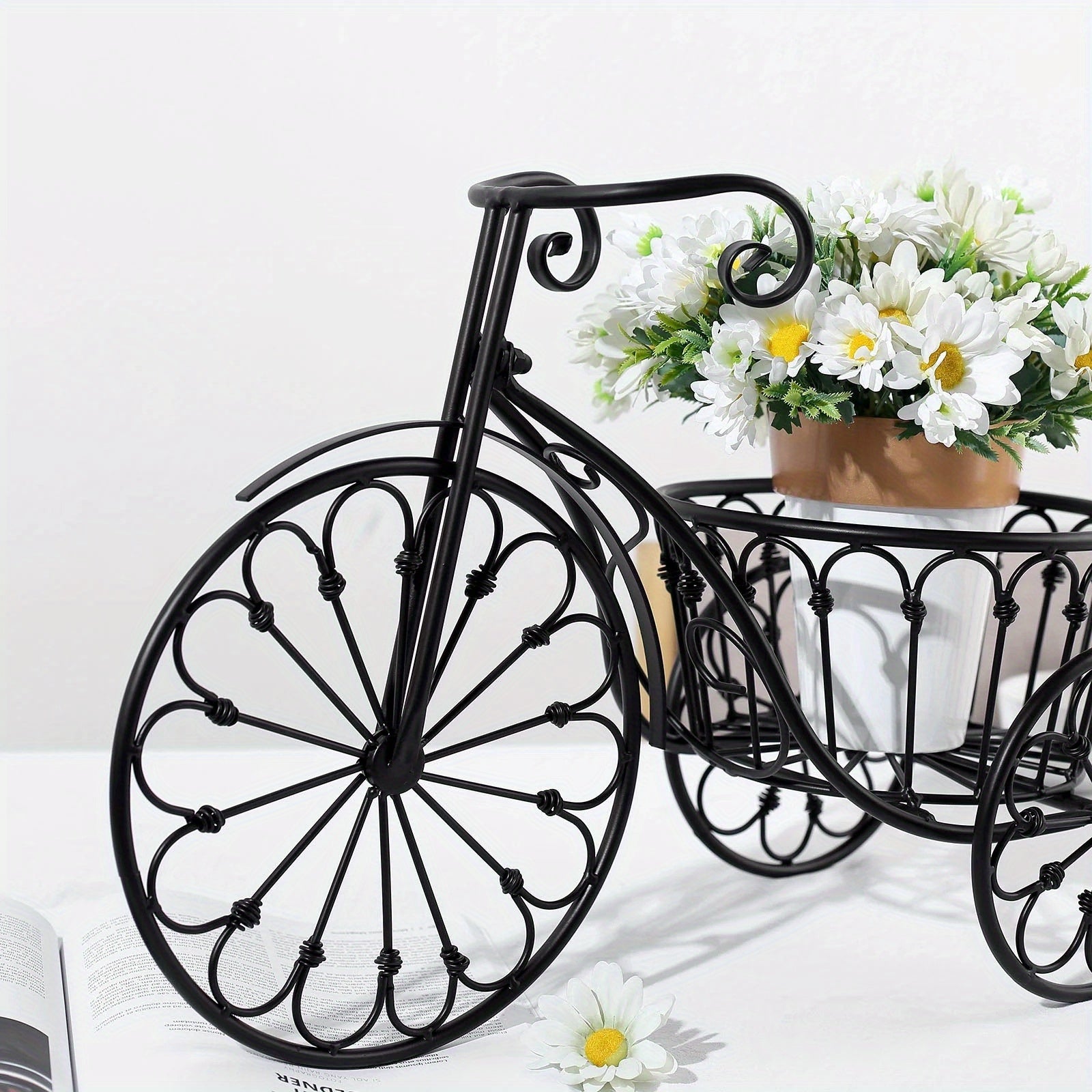 2-Inch Black Metal Bicycle Basket Planter - Indoor\u002FOutdoor Decorative Plant Holder with Sturdy Frame, Perfect for Kitchen Additions, Spring Decorations, Summer Decorations