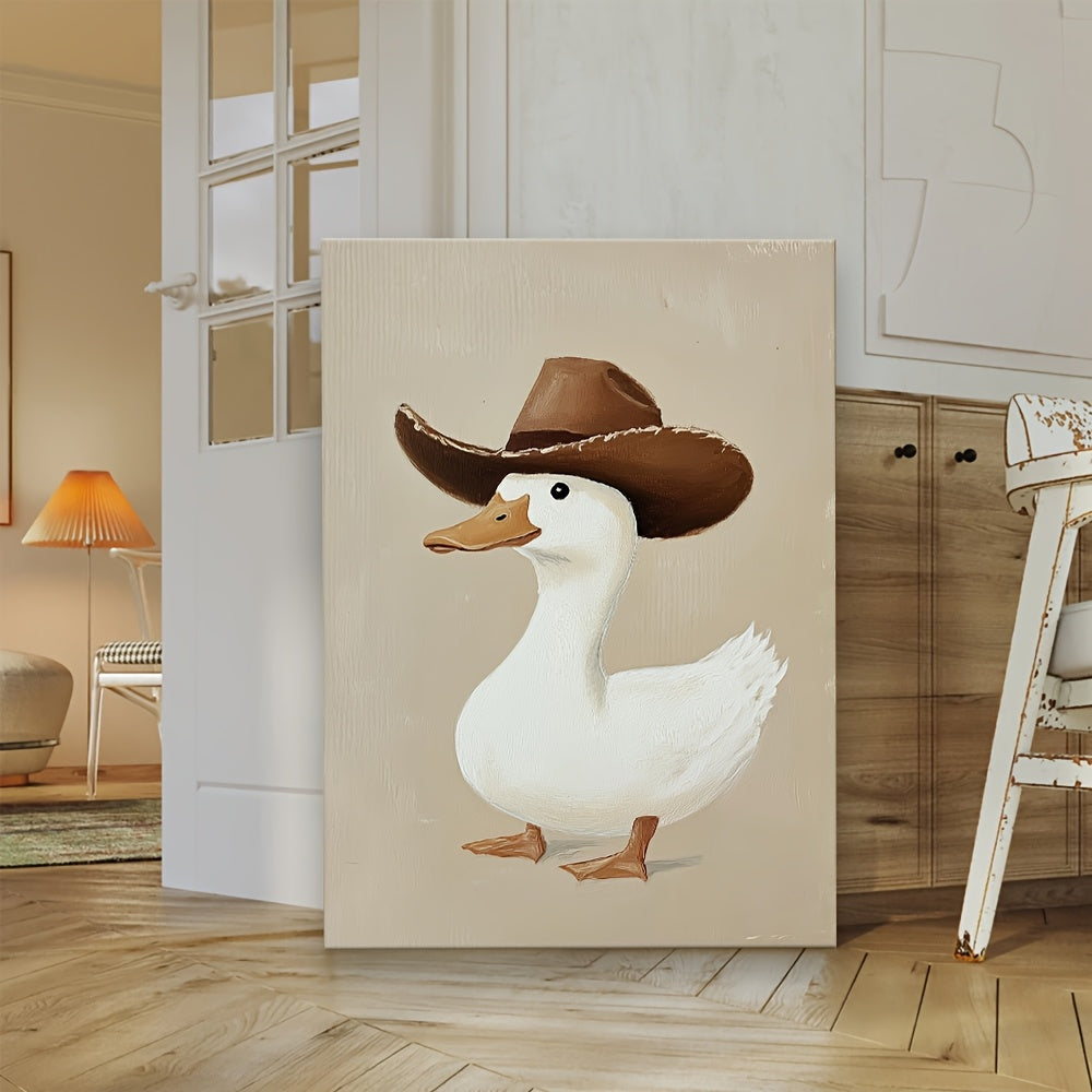 1pc Silly Cowboy Goose Canvas Wall Art - Whimsical Western Animal Print with Pine Wood Frame, Neutral Brown Nursery Decor for Boys Room, Bathroom, Bedroom & Living Room, Western Home Decor