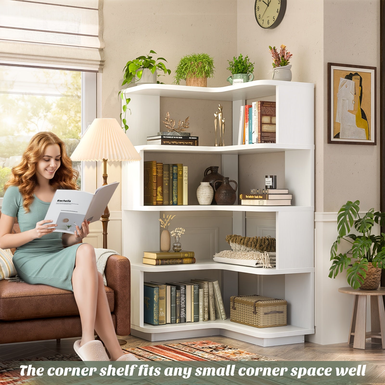 Five-Tier Corner Bookshelf with Panels, a Freestanding L-Shaped Display Rack, Suitable for Home Offices, Living Rooms, Bedrooms, And Kitchens