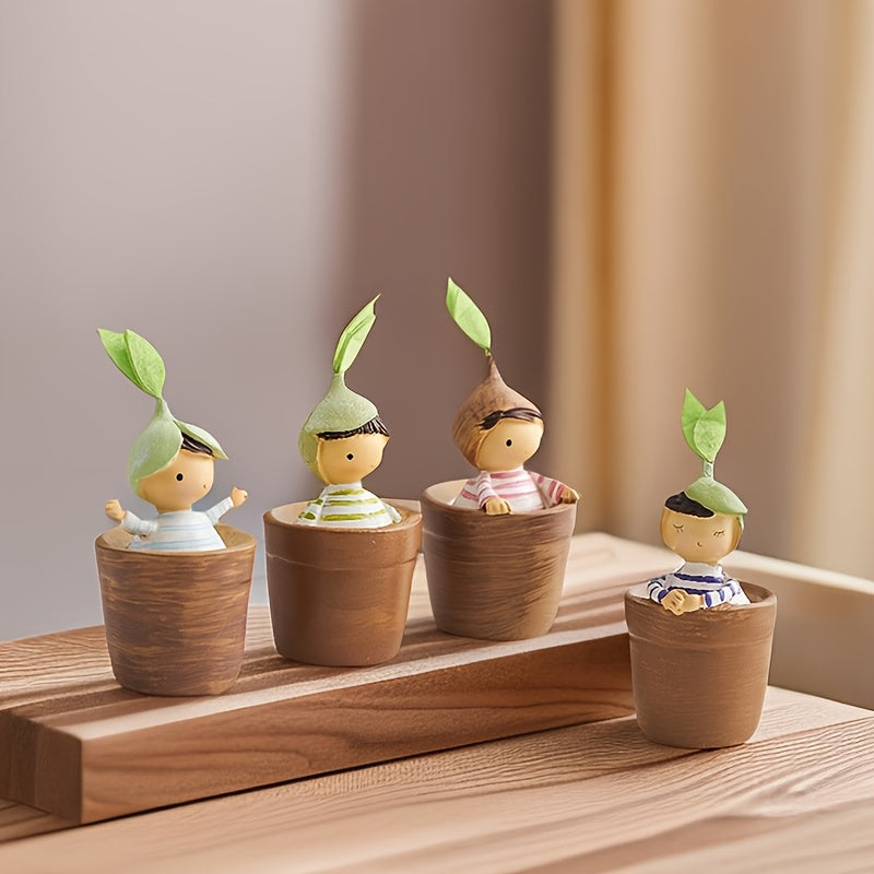Set of 4 Charming Cartoon Resin Ornaments for Pots, Perfect for Decorating Your Living Room, Bedroom, Or Office Desk; a Delightful Small Gift