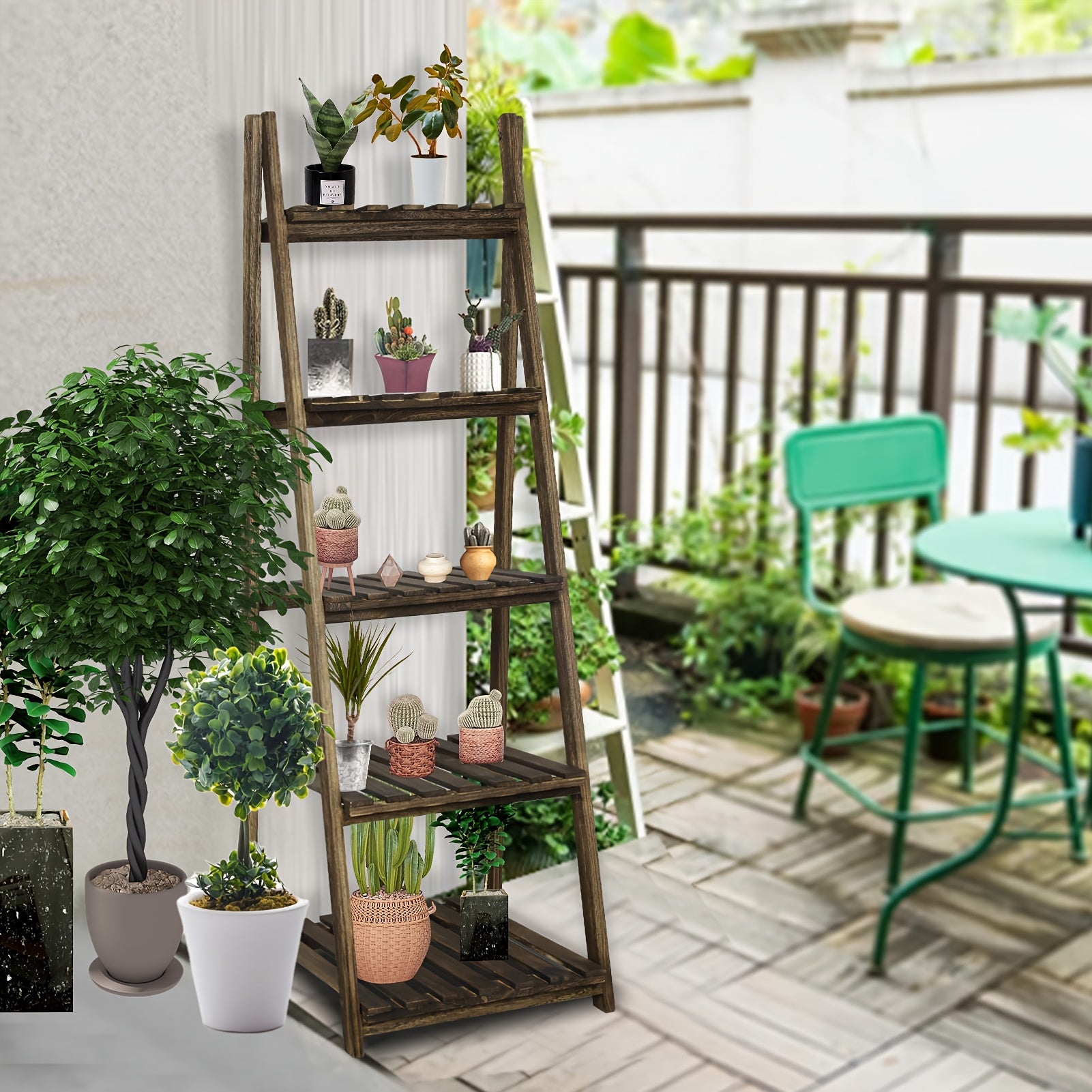 5 Tier Wooden Ladder Shelf | Freestanding Hardwood Storage Rack for Balcony, Window, Garden, Living Room, Patio