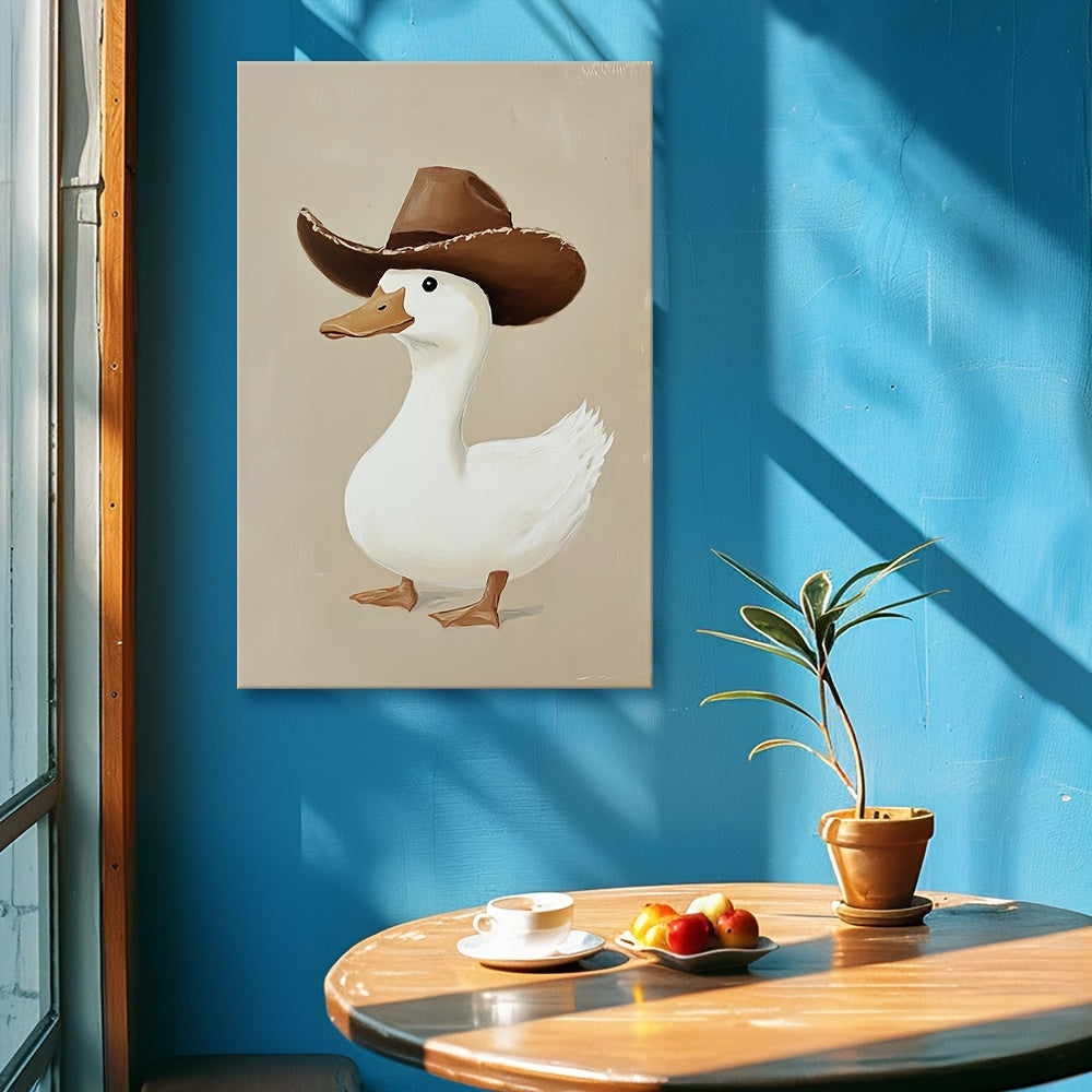 1pc Silly Cowboy Goose Canvas Wall Art - Whimsical Western Animal Print with Pine Wood Frame, Neutral Brown Nursery Decor for Boys Room, Bathroom, Bedroom & Living Room, Western Home Decor