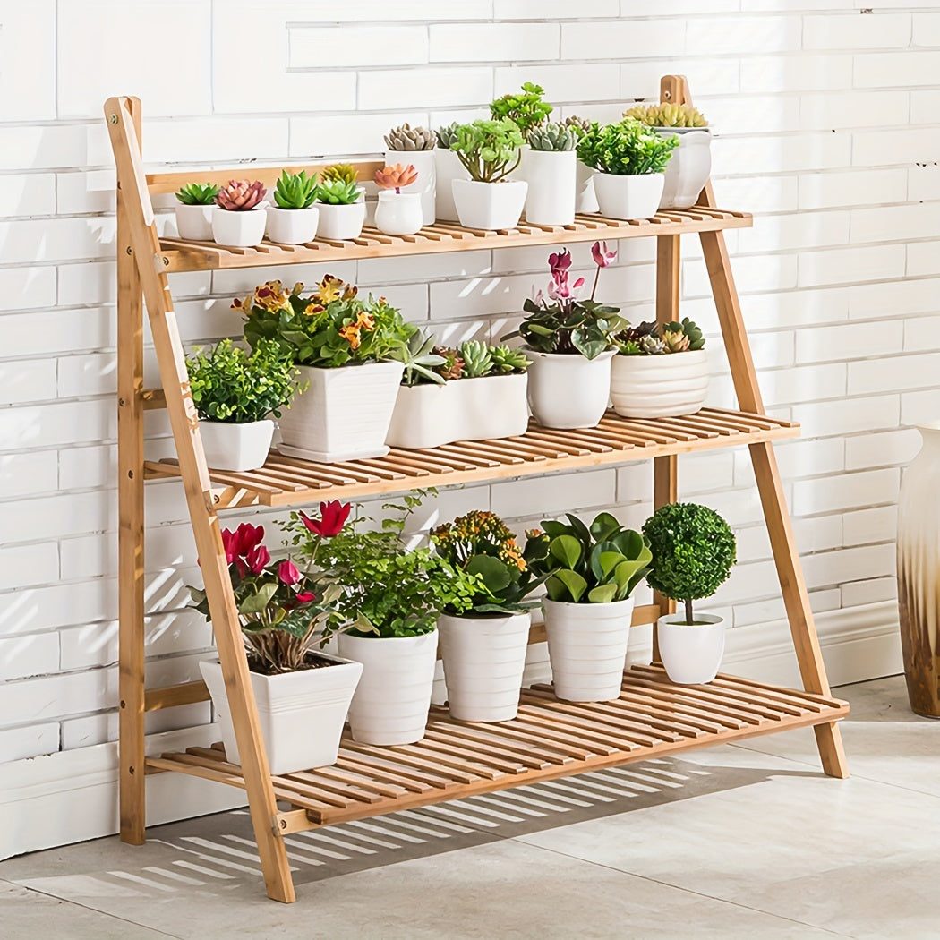 Multi-Functional 39.37inch 3-Level Collapsible Bamboo Shelf for Displaying Flower Pots And Organizing Plants, Suitable for Both Indoor And Outdoor Use