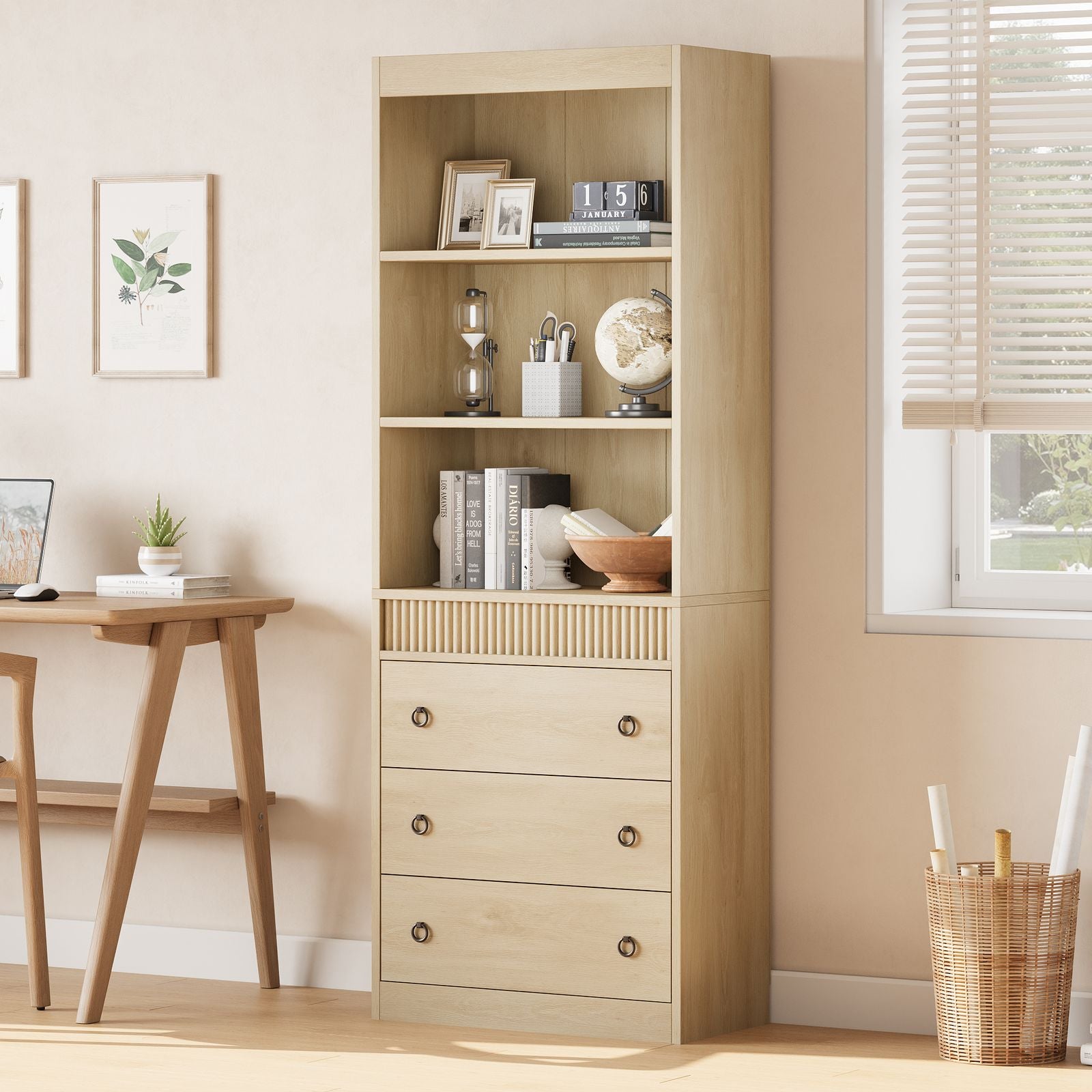 Modern 3-Drawer Bookcase with 3-Tier Shelf - Heavy-Duty, Space-Saving Freestanding Book Shelf, Easy Assembly Large Book Storage Organizer for Home Office, Study, for book Lovers & Students (27\