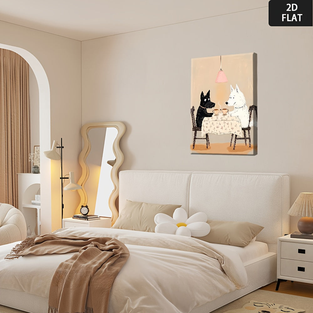 2D Flat, Rustic Farmhouse Wall Art - Cute Black & White Dog Painting with Wooden Frame, 2D Flat Canvas Print for Living Room, Bedroom, Bathroom, Kitchen, Home Office Decor, Dog Decor, Perfect for Room Decor