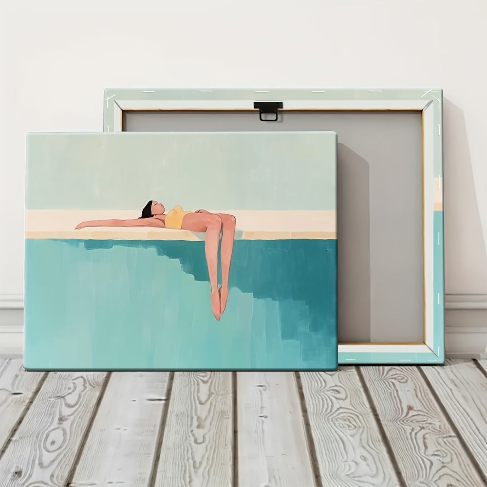 2D Flat 1 Item A Minimalist Painting of a Woman Floating on The Edge of a Pool 1pc Package Canvas Poster Modern Canvas Poster Decoration Poster Modern Room Decor, Home Decor, Bedroom Decor, Interior Decor, Wall Decor Unique Gift Idea Ready to Hang