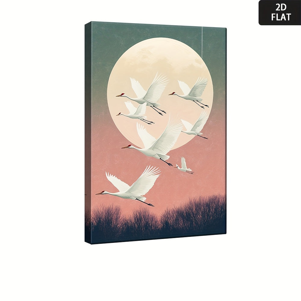2D Flat, Serene Flying White Cranes Wall Art - Soft Pastel Pink & Blue Sky Canvas Painting, Wrapped Framed Minimalist Japanese-Inspired Decor for Bedroom, Living Room, Office - Elegant Nature-Themed for party Decoration Poster Print