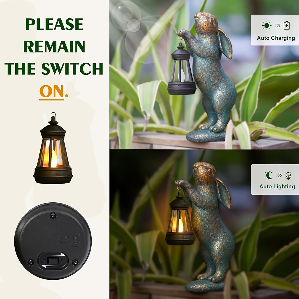 1pc Garden Statues Rabbit with Solar Lantern Outdoor Bunny Figurines Decorations for Patio Yard Lawn Ornaments Gifts for Birthday Easter Housewarming Mother's Day, IP44
