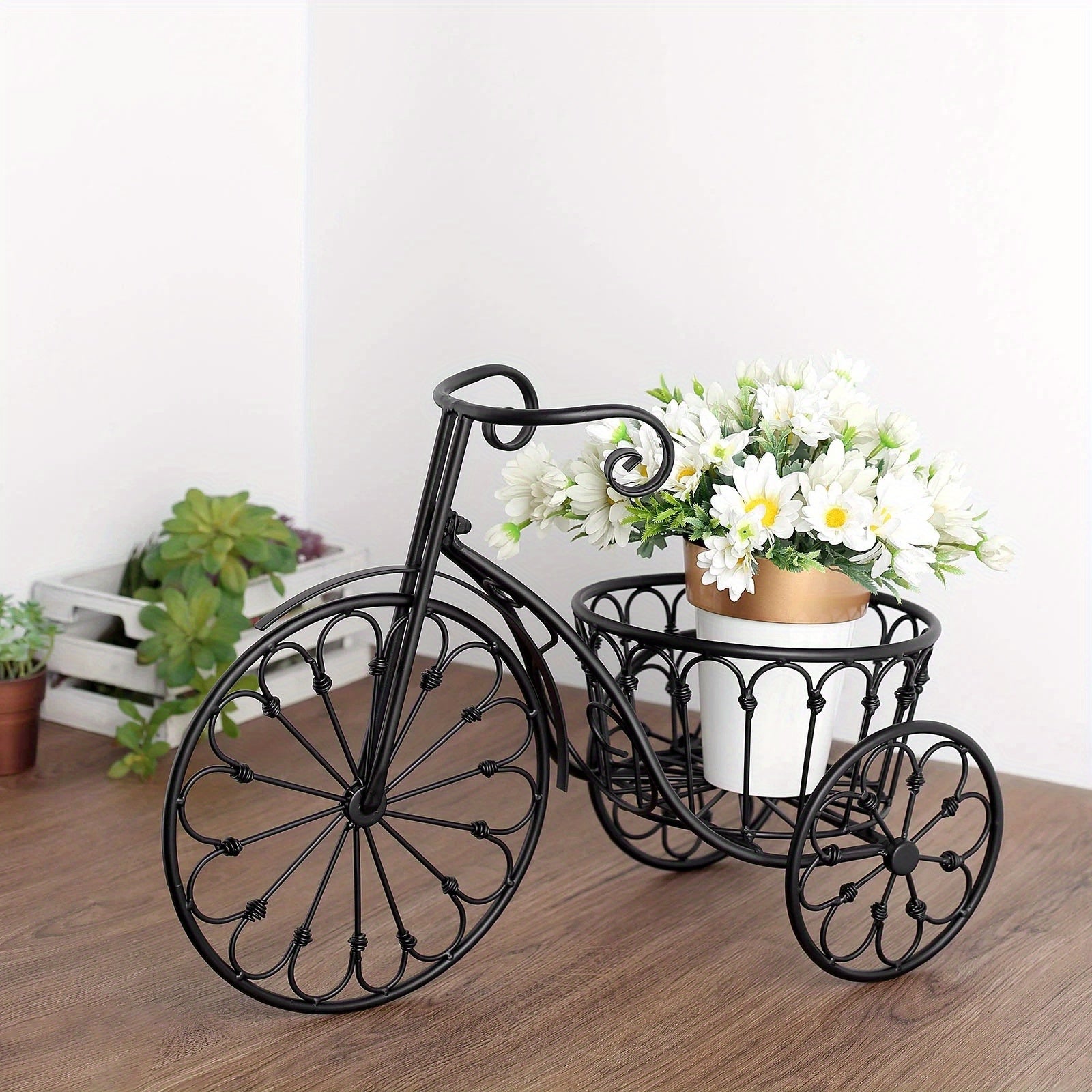 2-Inch Black Metal Bicycle Basket Planter - Indoor\u002FOutdoor Decorative Plant Holder with Sturdy Frame, Perfect for Kitchen Additions, Spring Decorations, Summer Decorations