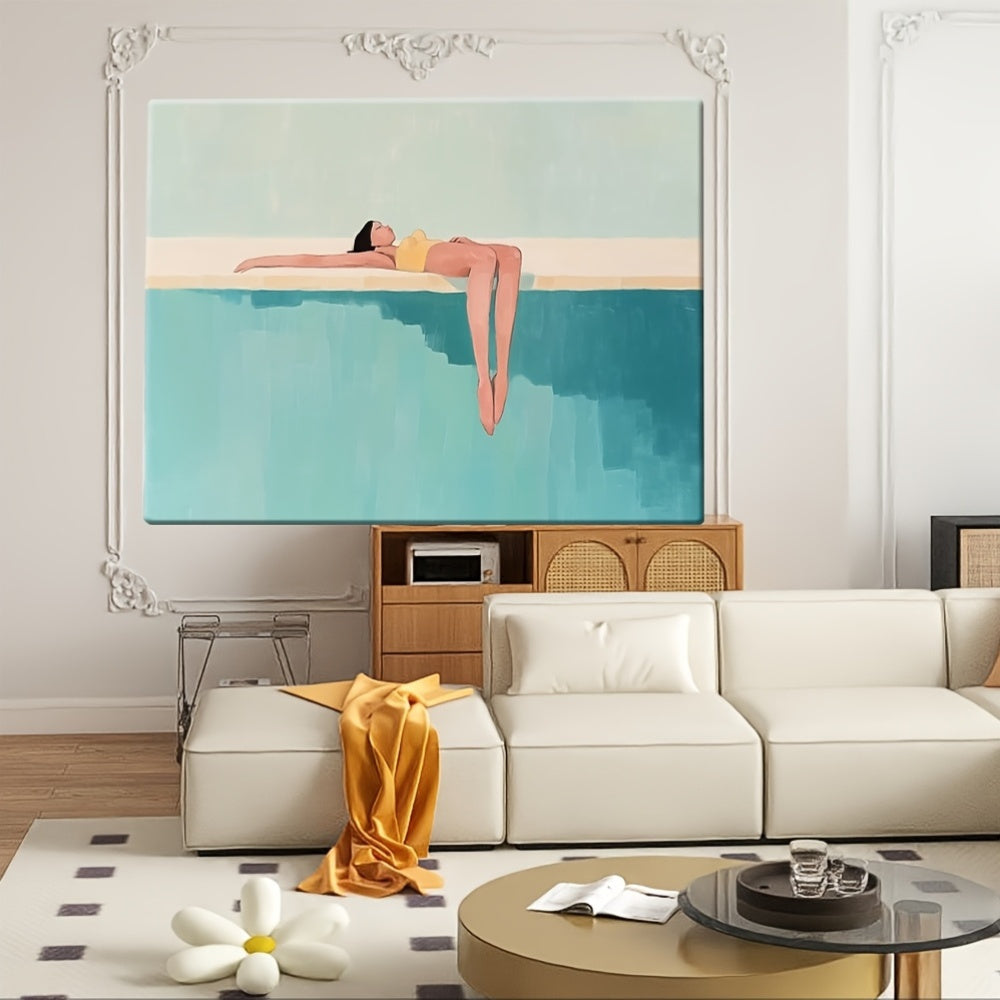 2D Flat 1 Item A Minimalist Painting of a Woman Floating on The Edge of a Pool 1pc Package Canvas Poster Modern Canvas Poster Decoration Poster Modern Room Decor, Home Decor, Bedroom Decor, Interior Decor, Wall Decor Unique Gift Idea Ready to Hang