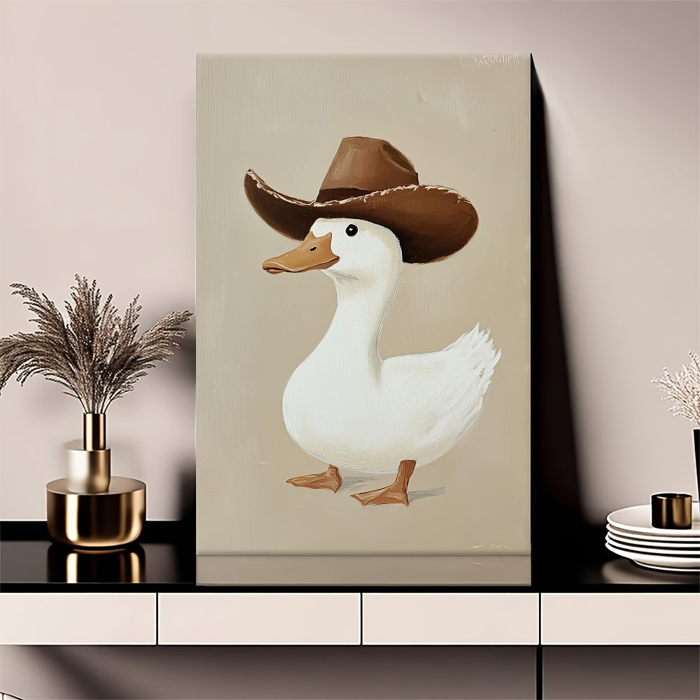 1pc Silly Cowboy Goose Canvas Wall Art - Whimsical Western Animal Print with Pine Wood Frame, Neutral Brown Nursery Decor for Boys Room, Bathroom, Bedroom & Living Room, Western Home Decor