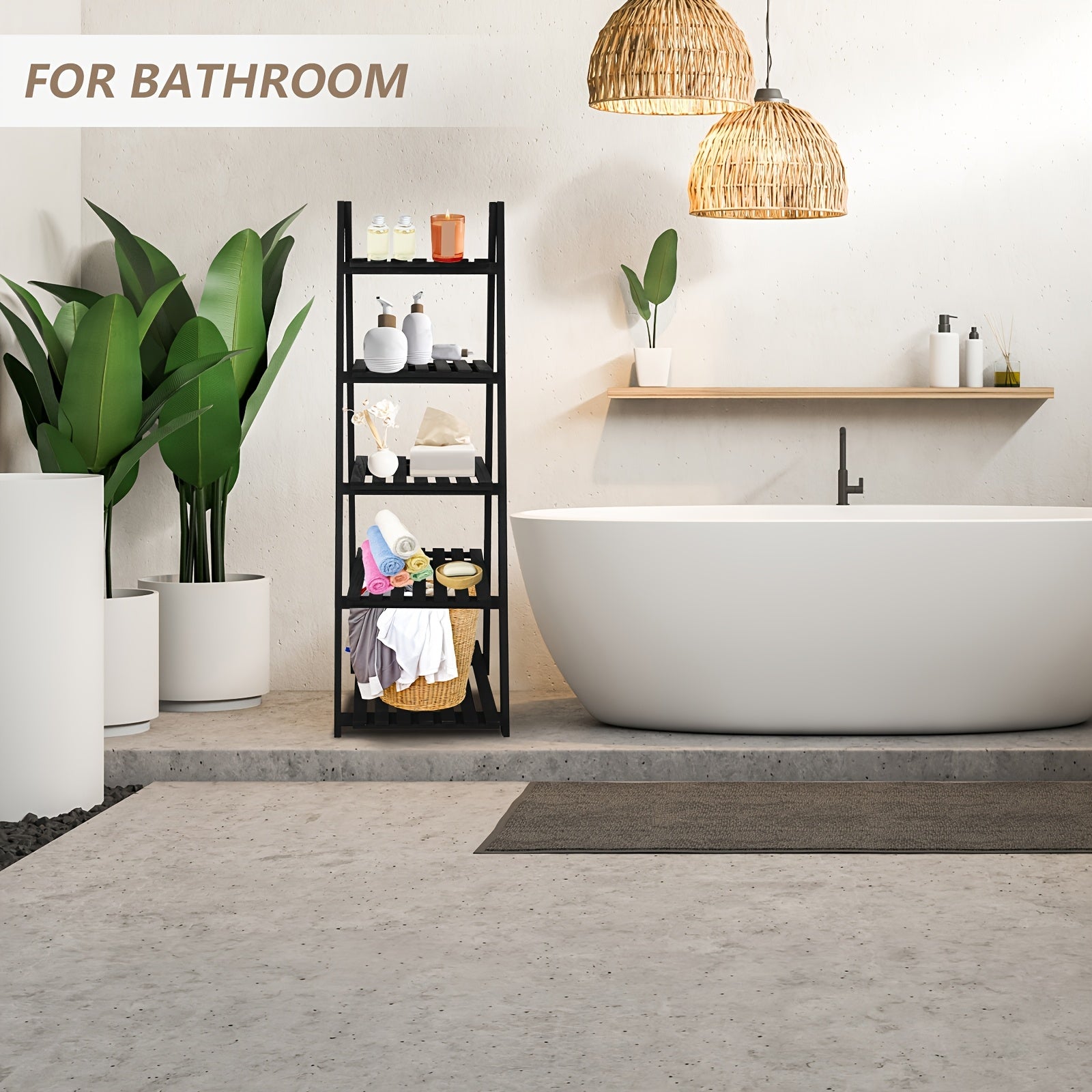 5 Tier Wooden Ladder Shelf | Freestanding Hardwood Storage Rack for Balcony, Window, Garden, Living Room, Patio