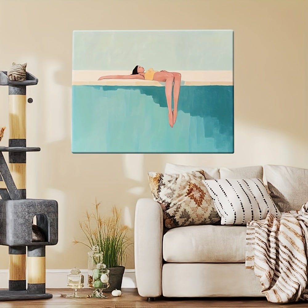 2D Flat 1 Item A Minimalist Painting of a Woman Floating on The Edge of a Pool 1pc Package Canvas Poster Modern Canvas Poster Decoration Poster Modern Room Decor, Home Decor, Bedroom Decor, Interior Decor, Wall Decor Unique Gift Idea Ready to Hang
