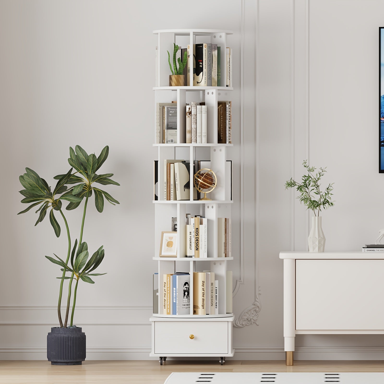 5 Tier Rotating Bookshelf with Drawers On Wheel, 360° Display Spinning Corner Book Shelf Tower, Narrow Tall Bookshelves, Small Revolving Bookcase, Wooden Book Shelf Standing Storage Rack for Home Office, Study Room