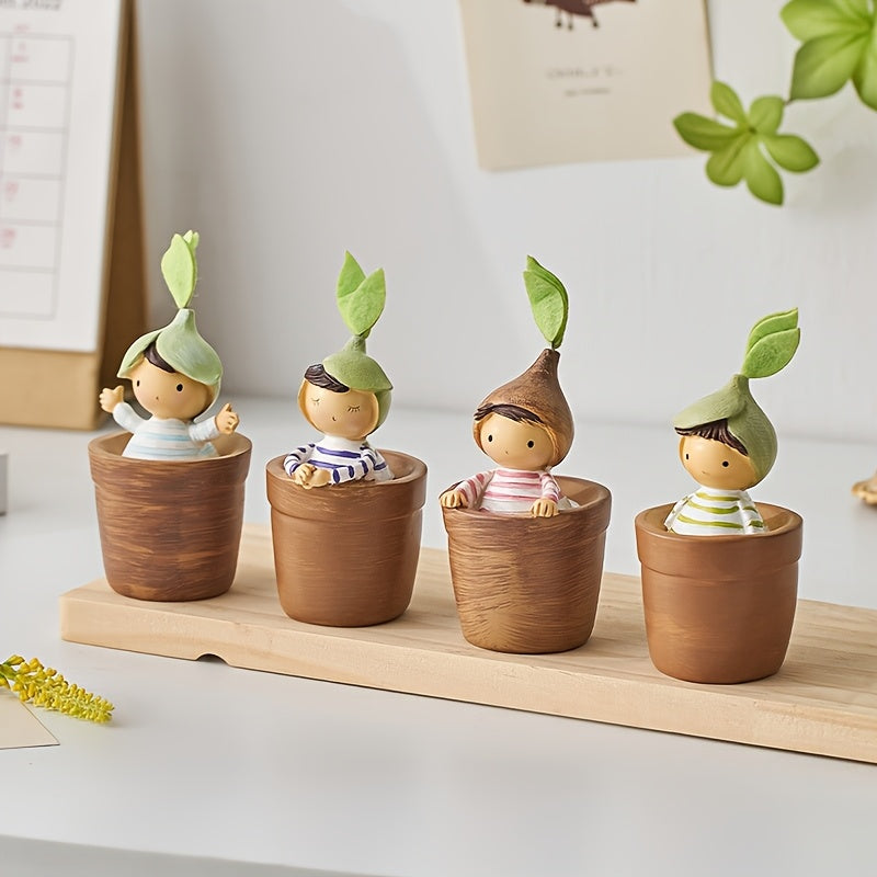 Set of 4 Charming Cartoon Resin Ornaments for Pots, Perfect for Decorating Your Living Room, Bedroom, Or Office Desk; a Delightful Small Gift