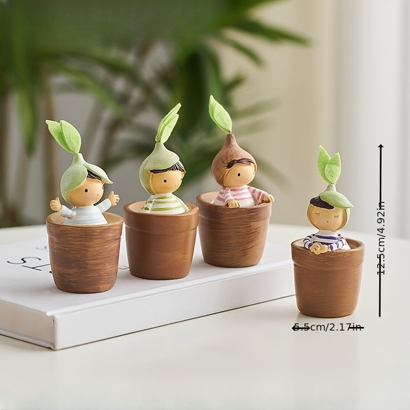 Set of 4 Charming Cartoon Resin Ornaments for Pots, Perfect for Decorating Your Living Room, Bedroom, Or Office Desk; a Delightful Small Gift