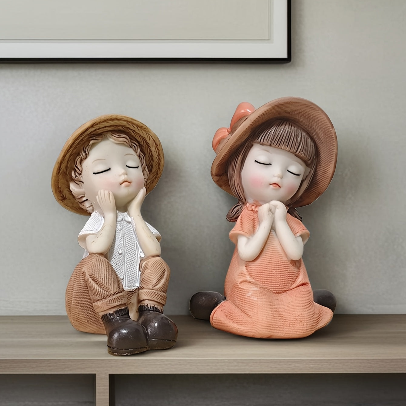 A Set of Two Adorable Mini Decorations Featuring a Boy And a Girl, Including Statues And Doll Sets Made from Resin