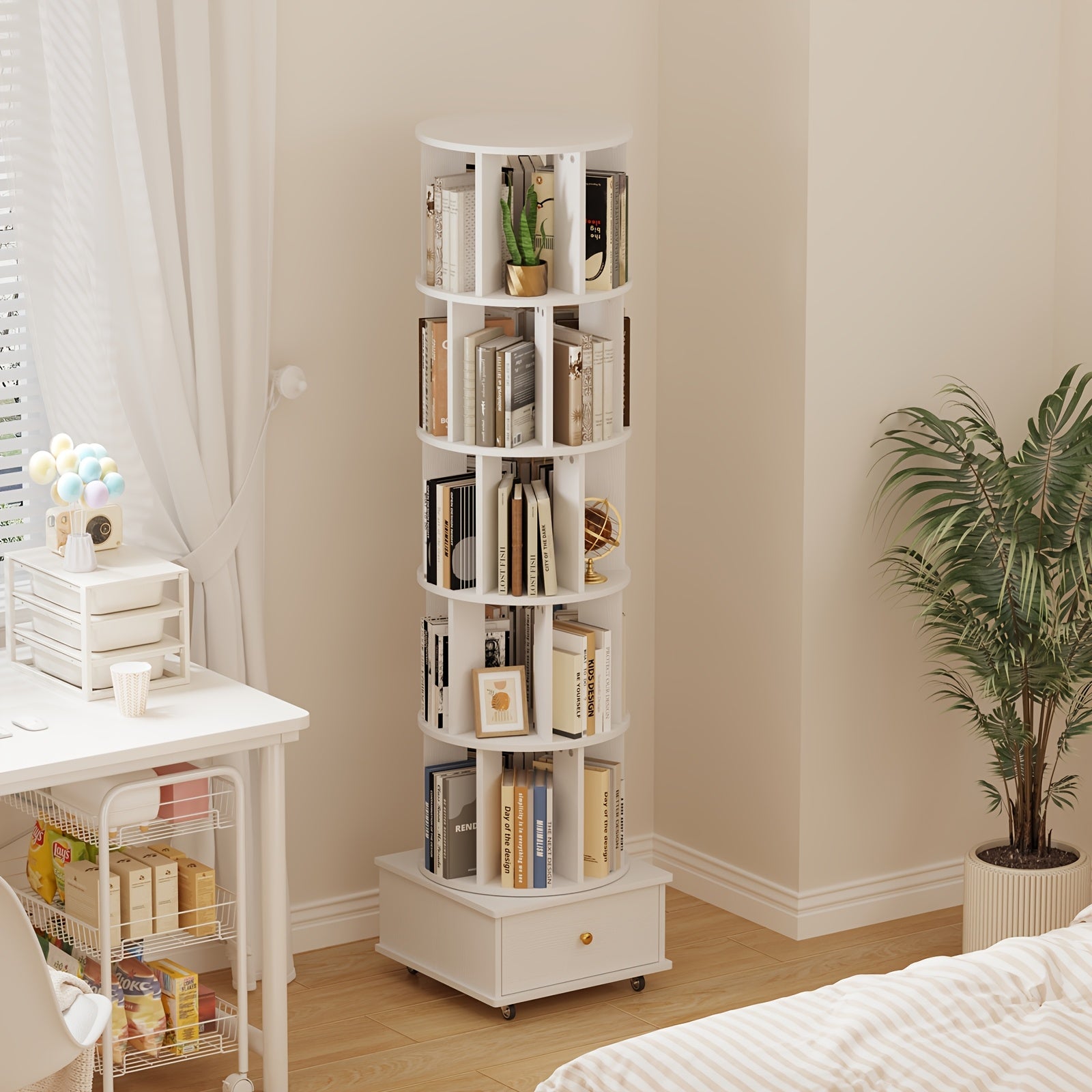 5 Tier Rotating Bookshelf with Drawers On Wheel, 360° Display Spinning Corner Book Shelf Tower, Narrow Tall Bookshelves, Small Revolving Bookcase, Wooden Book Shelf Standing Storage Rack for Home Office, Study Room