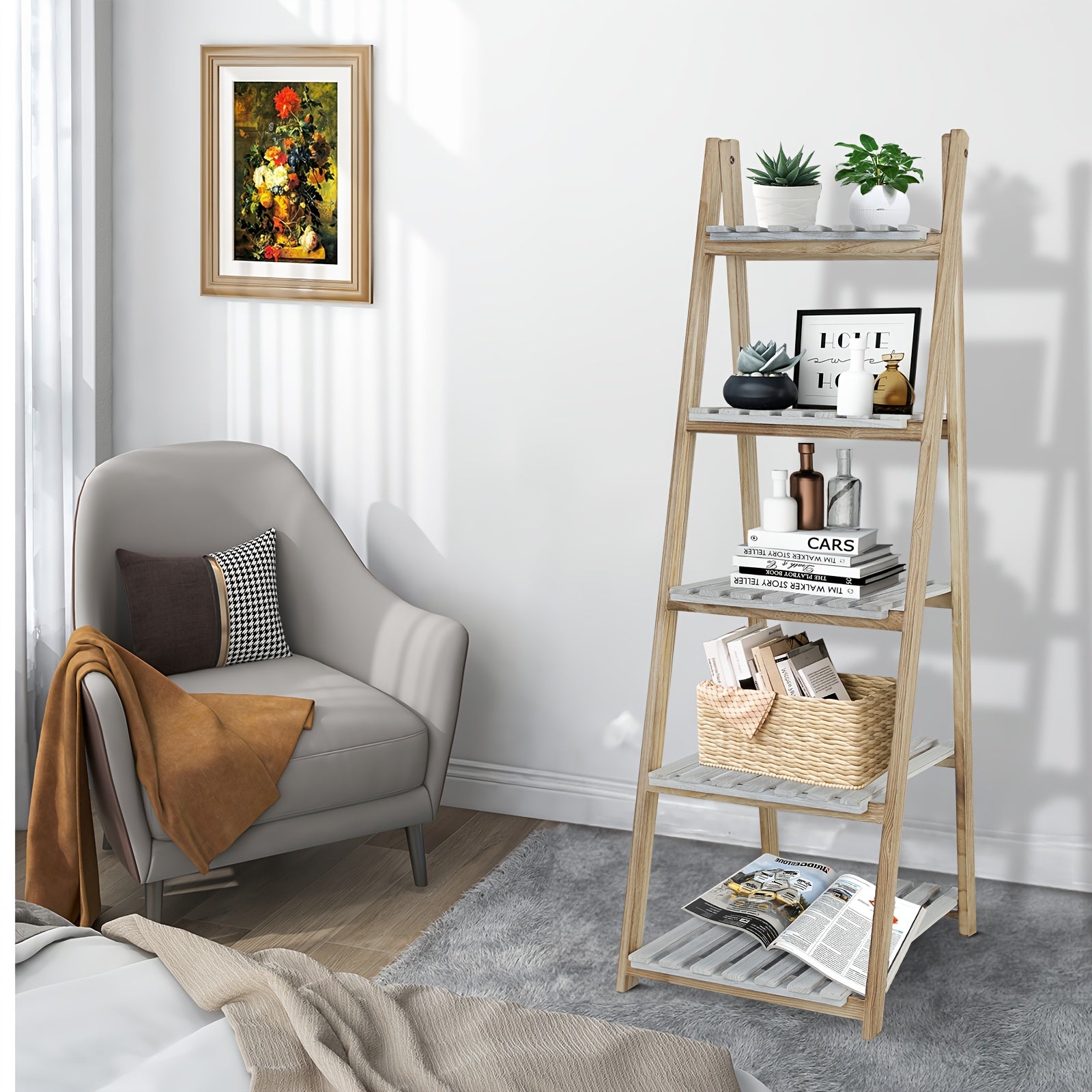 5 Tier Wooden Ladder Shelf | Freestanding Hardwood Storage Rack for Balcony, Window, Garden, Living Room, Patio