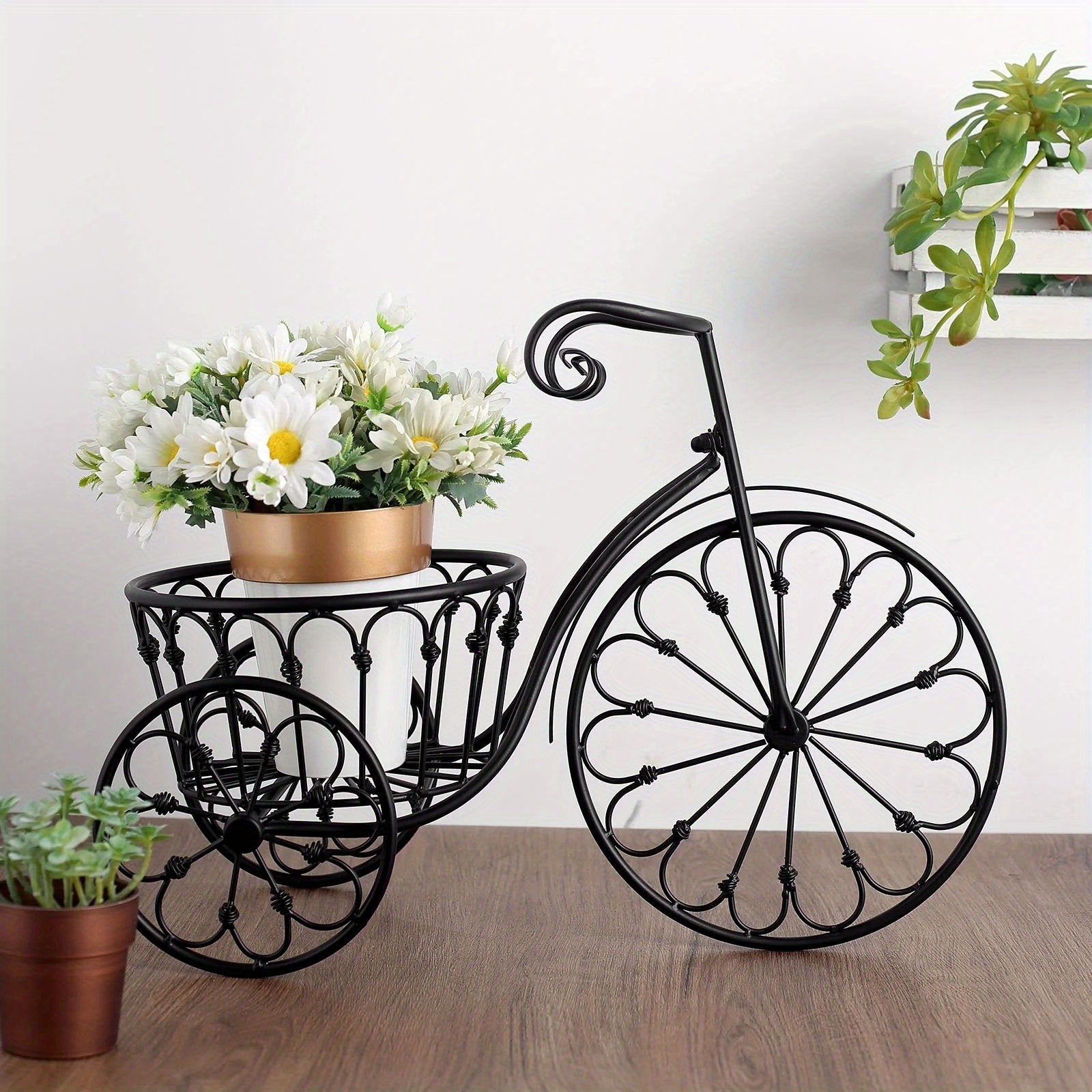 2-Inch Black Metal Bicycle Basket Planter - Indoor\u002FOutdoor Decorative Plant Holder with Sturdy Frame, Perfect for Kitchen Additions, Spring Decorations, Summer Decorations