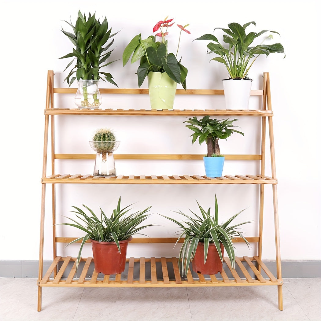 Multi-Functional 39.37inch 3-Level Collapsible Bamboo Shelf for Displaying Flower Pots And Organizing Plants, Suitable for Both Indoor And Outdoor Use