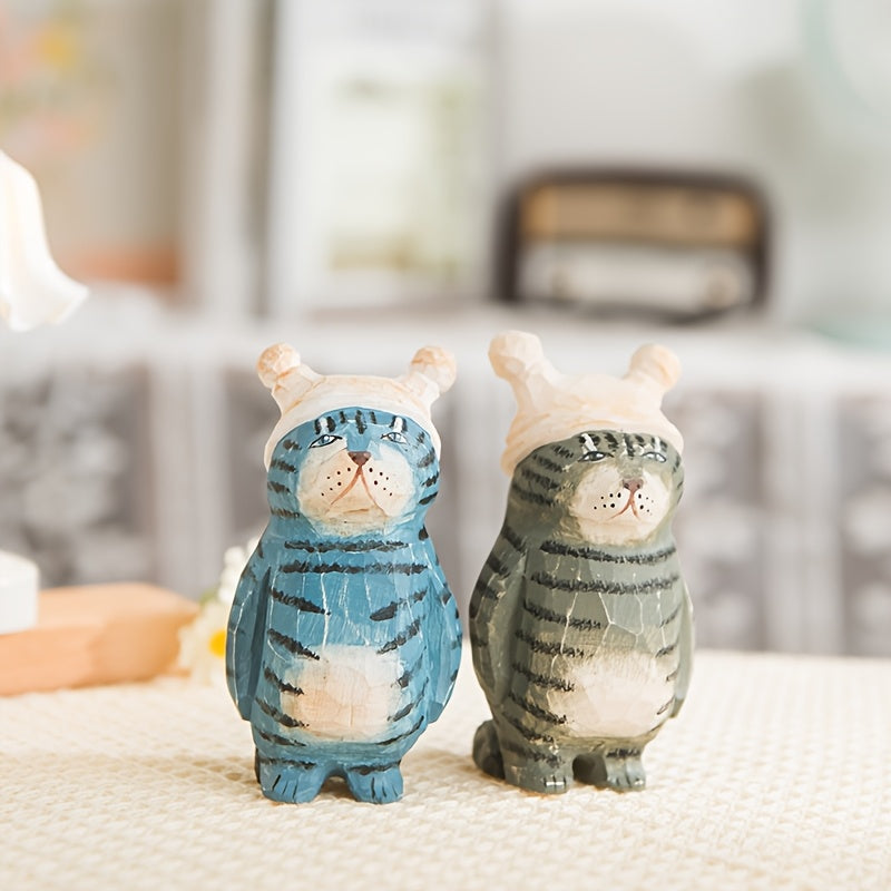 2 Handmade Carved Cats, Desktop Ornaments, Handicrafts Carved Cat Figurines, Desktop Creativity, Holiday Gifts, Party Table Centerpiece Decorations