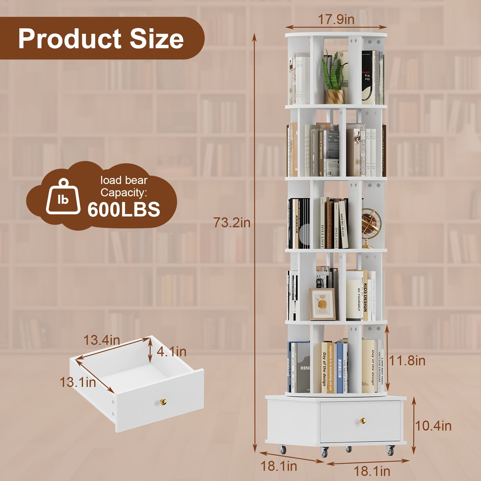 5 Tier Rotating Bookshelf with Drawers On Wheel, 360° Display Spinning Corner Book Shelf Tower, Narrow Tall Bookshelves, Small Revolving Bookcase, Wooden Book Shelf Standing Storage Rack for Home Office, Study Room