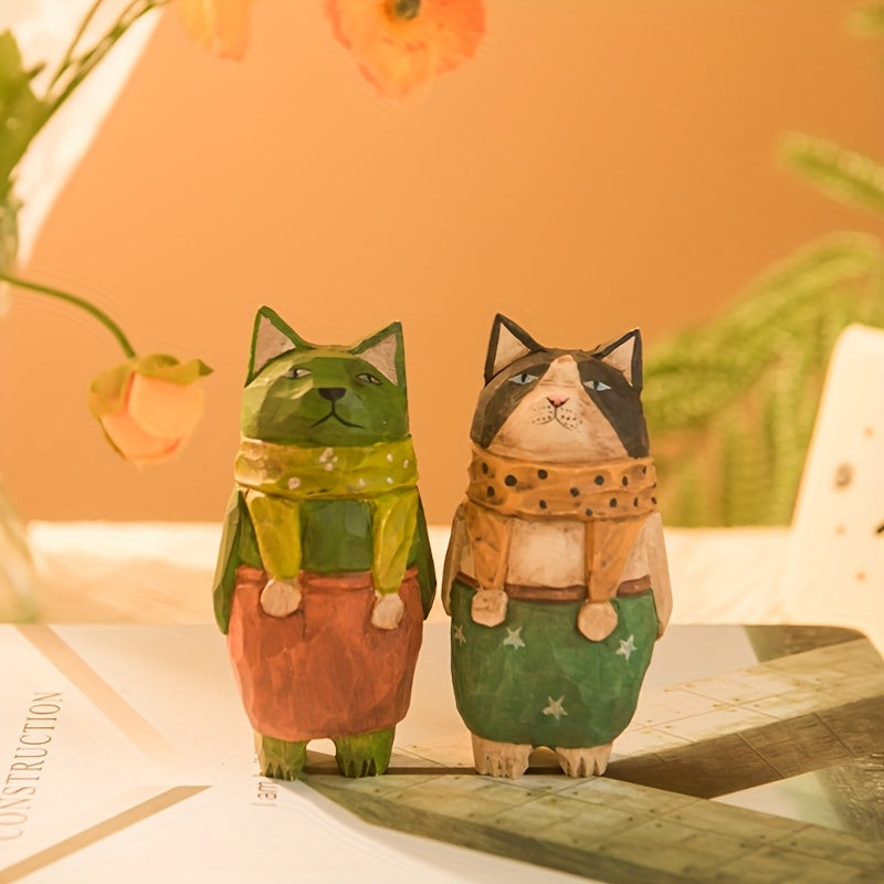 2 Handmade Carved Cats, Desktop Ornaments, Handicrafts Carved Cat Figurines, Desktop Creativity, Holiday Gifts, Party Table Centerpiece Decorations