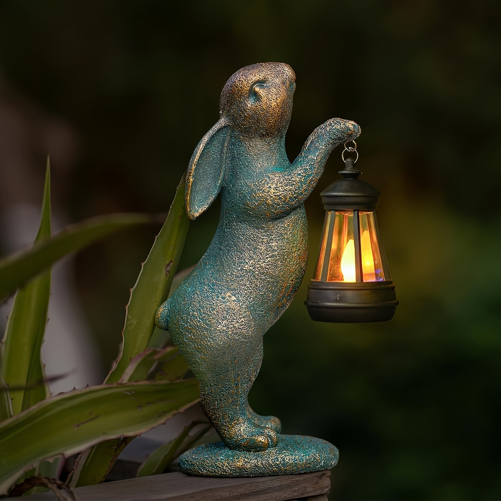 1pc Garden Statues Rabbit with Solar Lantern Outdoor Bunny Figurines Decorations for Patio Yard Lawn Ornaments Gifts for Birthday Easter Housewarming Mother's Day, IP44