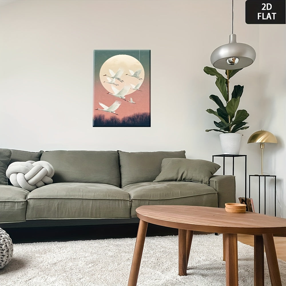 2D Flat, Serene Flying White Cranes Wall Art - Soft Pastel Pink & Blue Sky Canvas Painting, Wrapped Framed Minimalist Japanese-Inspired Decor for Bedroom, Living Room, Office - Elegant Nature-Themed for party Decoration Poster Print