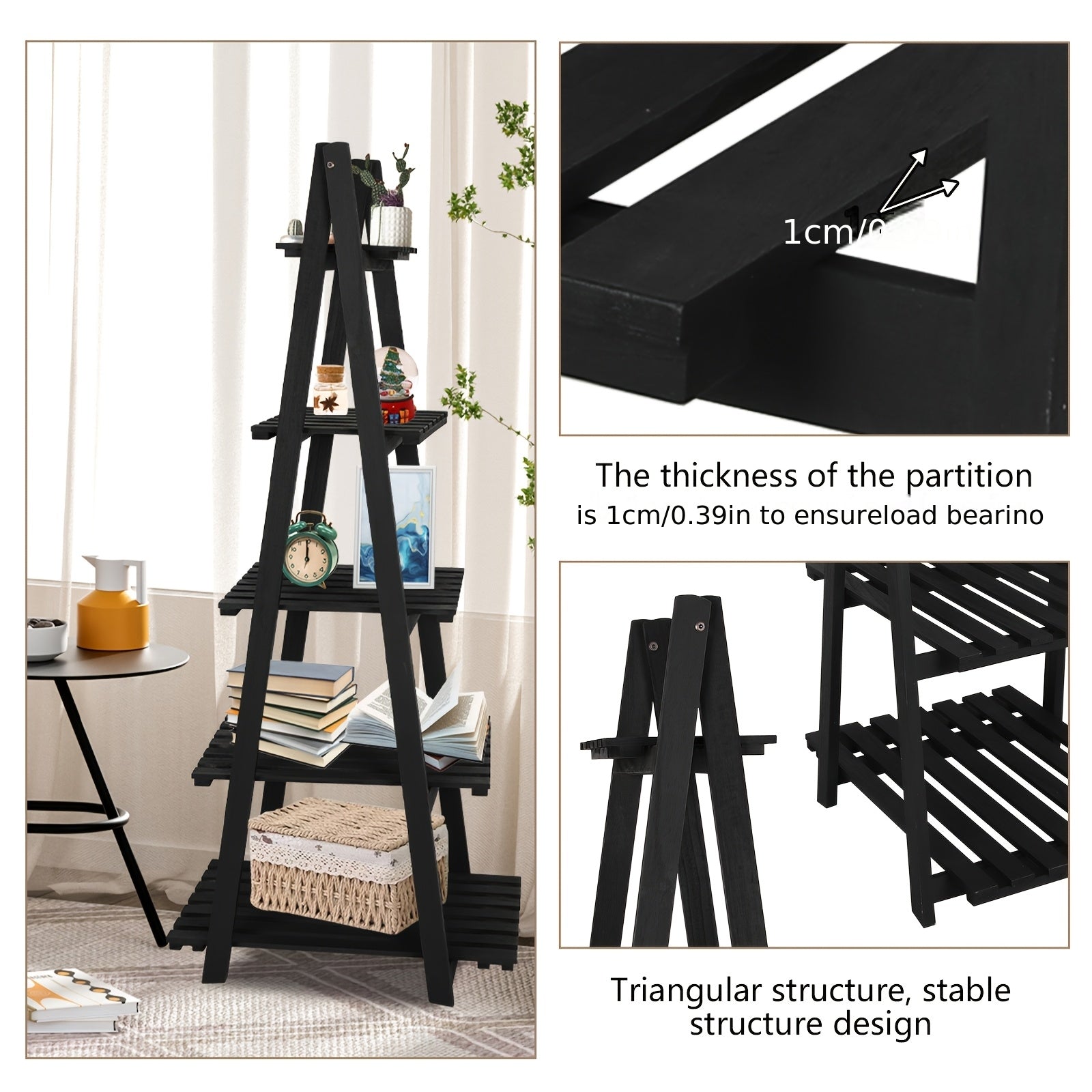 5 Tier Wooden Ladder Shelf | Freestanding Hardwood Storage Rack for Balcony, Window, Garden, Living Room, Patio